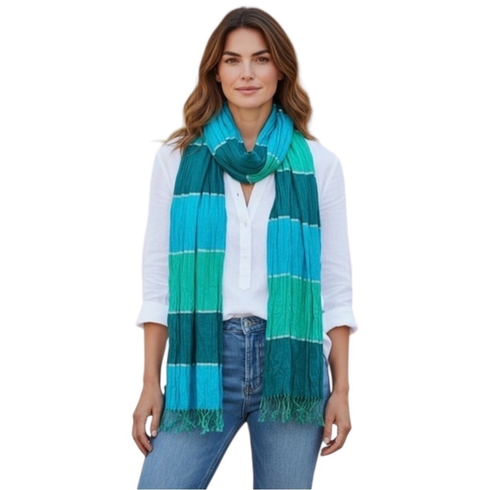Anne Klein Teal Turquoise Lightweight Scarf with Metallic Accent Fringe